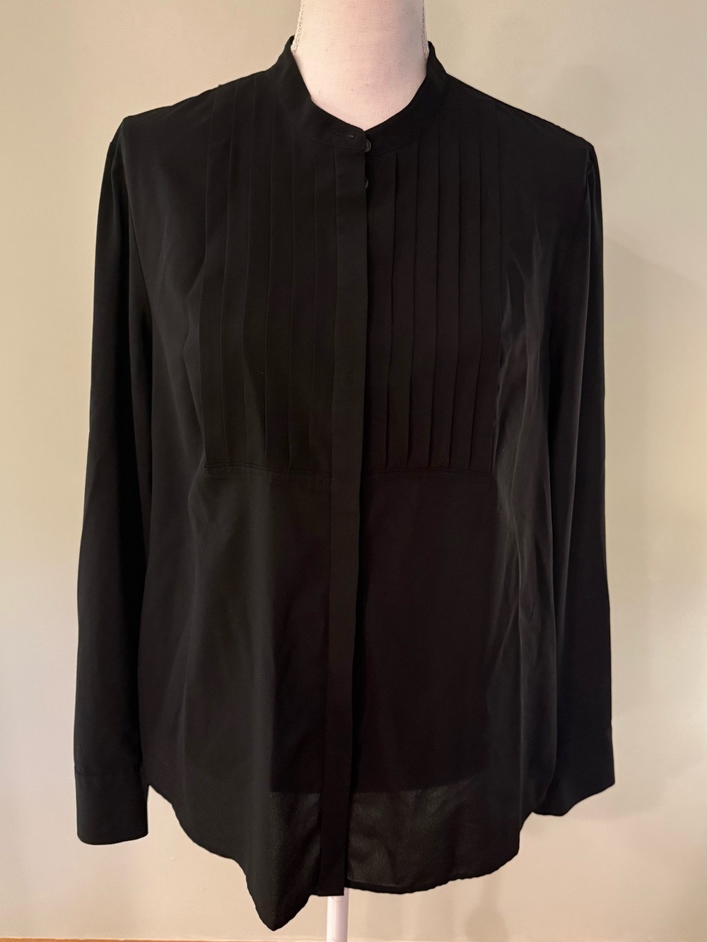 J.Crew Women’s Black Tuxedo Bib Pintuck Blouse – Size Large